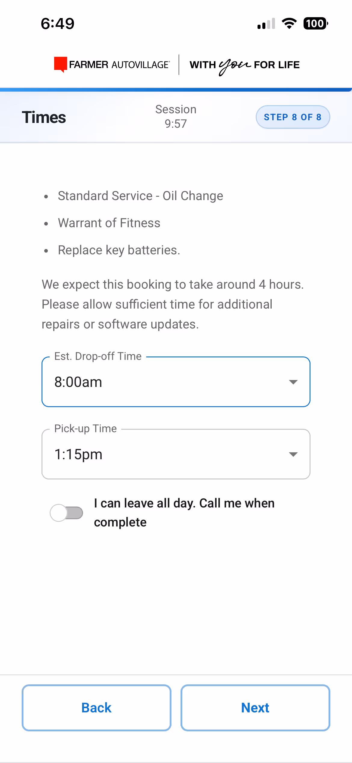 Service Slot mobile booking view (6 of 8)