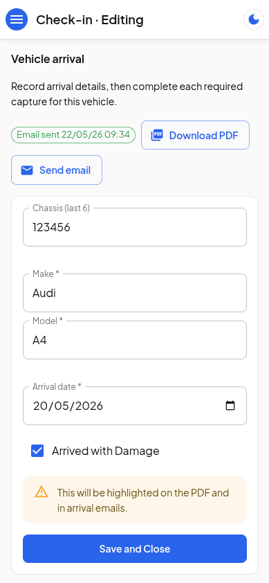 Vehicle check-in mobile vehicle details screen