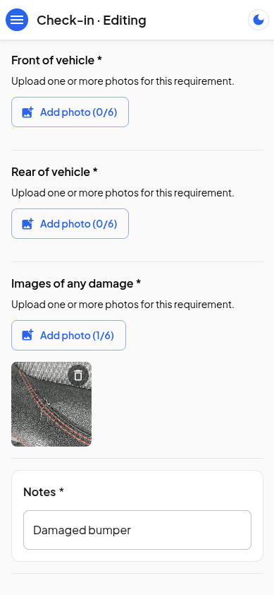 Vehicle check-in mobile damage capture screen
