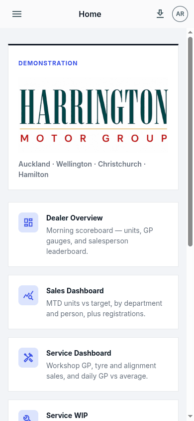 Report Suite home on a phone, with report tiles stacked for mobile